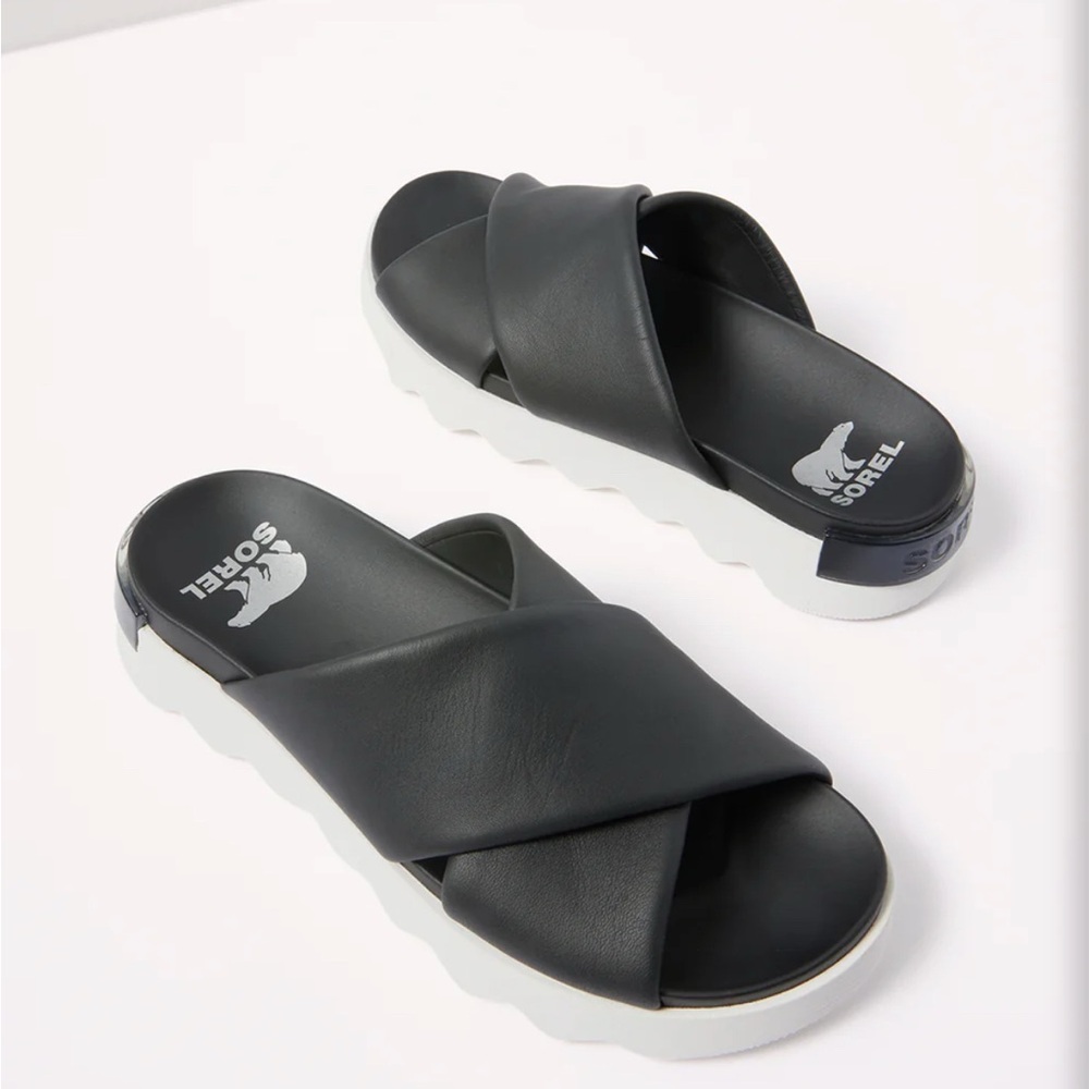 Sorel Black and White Platform Slide Sandals